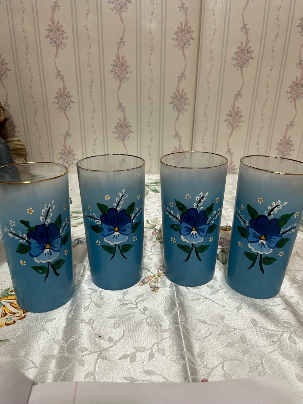 Hand-Painted Blue Floral Glass Tumblers by